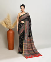 Black Pure Ajrakh Buti Handblock Printed Sico Chanderi Saree